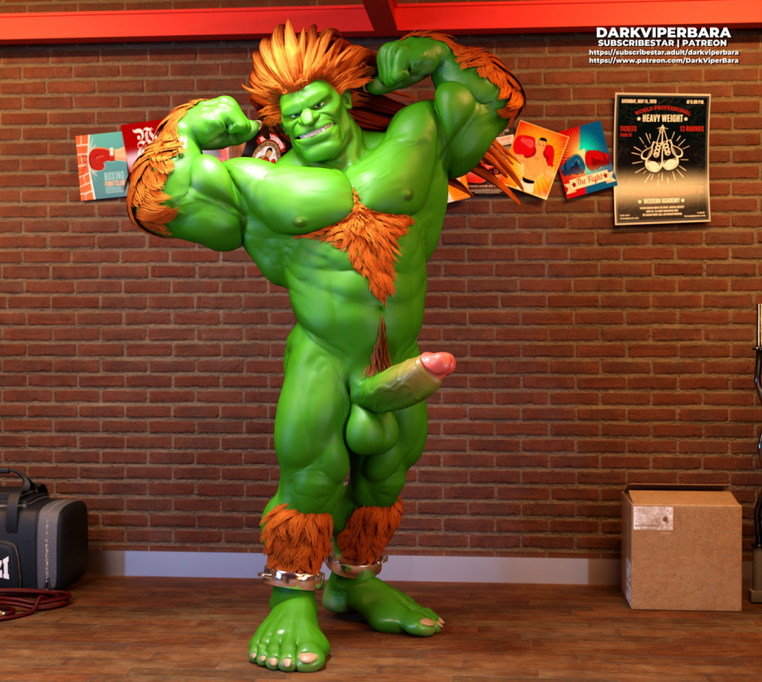 1boy 3d balls blanka boner capcom darkviperbara english_text erection genitals green_body green_skin humanoid male male_only muscular muscular_humanoid muscular_male nude penis solo street_fighter text vein veiny_penis