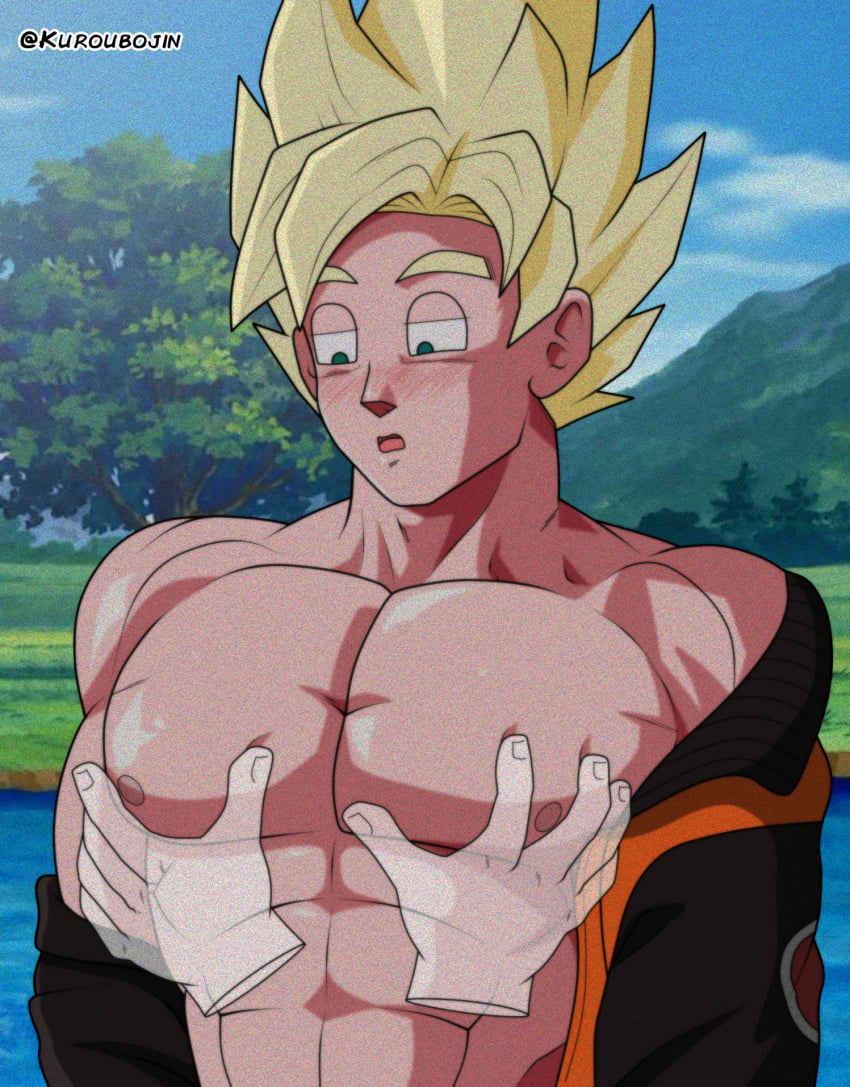 bara big_breasts big_muscles breast_grab breasts dragon_ball dragon_ball_super dragon_ball_z fanart fanart_from_twitter gay goku hand_on_breast kuroubojin male male_only pecs son_goku super_saiyan yaoi