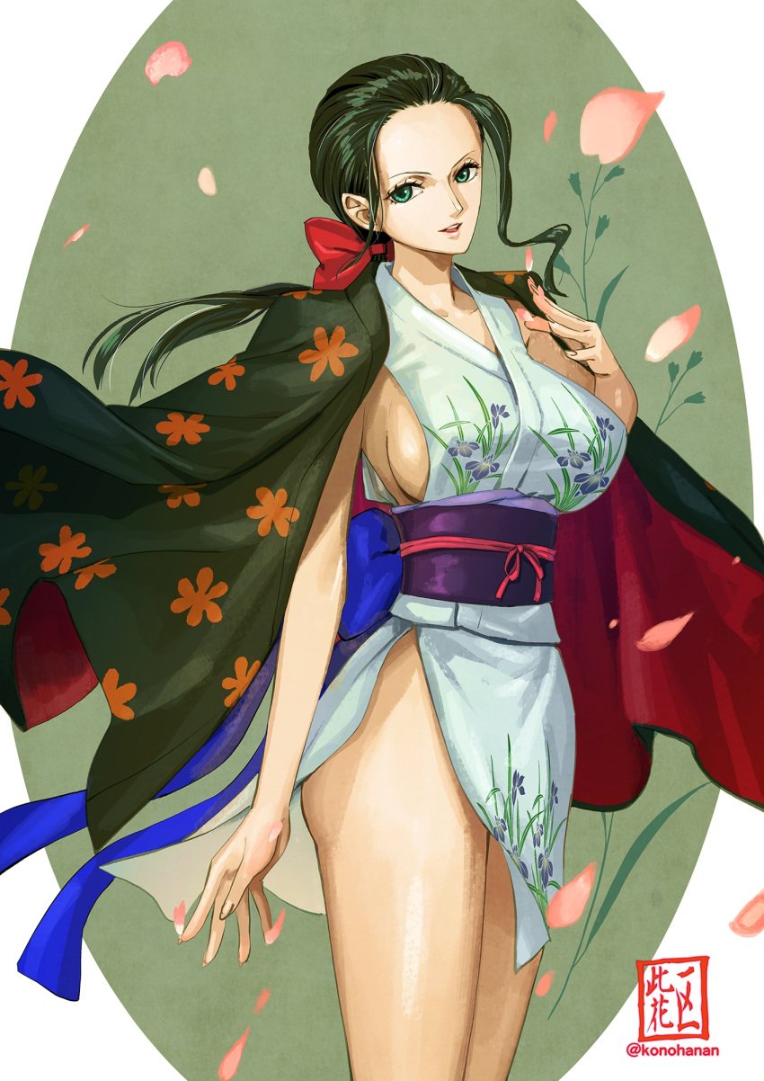 1girls black_hair cleavage female female_focus female_only feminine haori japanese_clothes kimono konohana nico_robin no_panties obi one_piece orobi post-timeskip short_kimono sideboob solo wano_country