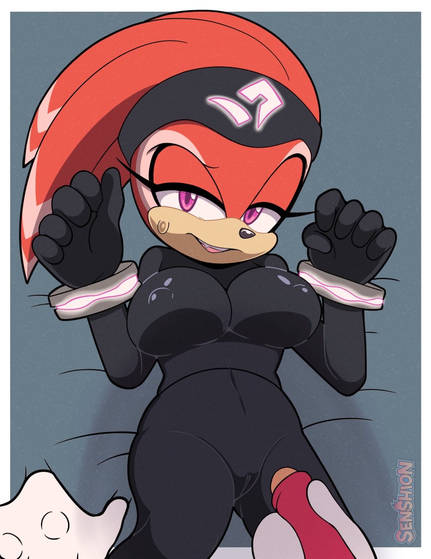 1boy 1girls anthro big_breasts bodysuit breasts cameltoe clothed clothing echidna erect_nipples erection fang fangs female gloves knuckles_the_echidna looking_at_viewer male masturbation nipple_bulge penis pov sega senshion shade_the_echidna sonic_(series) sonic_chronicles:_the_dark_brotherhood sonic_the_hedgehog_(series) sweat tight_clothing tongue