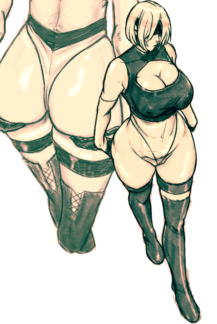 ass belly big_ass big_breasts blindfold busty cleavage nier nier:_automata self_upload solidusgrilo solo thick_ass thick_thighs thighs white_hair yorha_2b