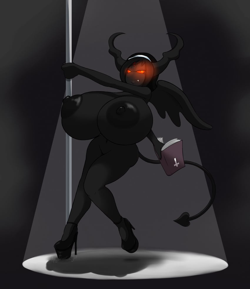 2021 alternate_costume angelthecatgirl black_hair book demon_tail eve_(the_binding_of_isaac) female female_only habit high_heels horns long_hair looking_at_viewer naked_female nude_female pole pole_dancing red_eyes the_binding_of_isaac wings