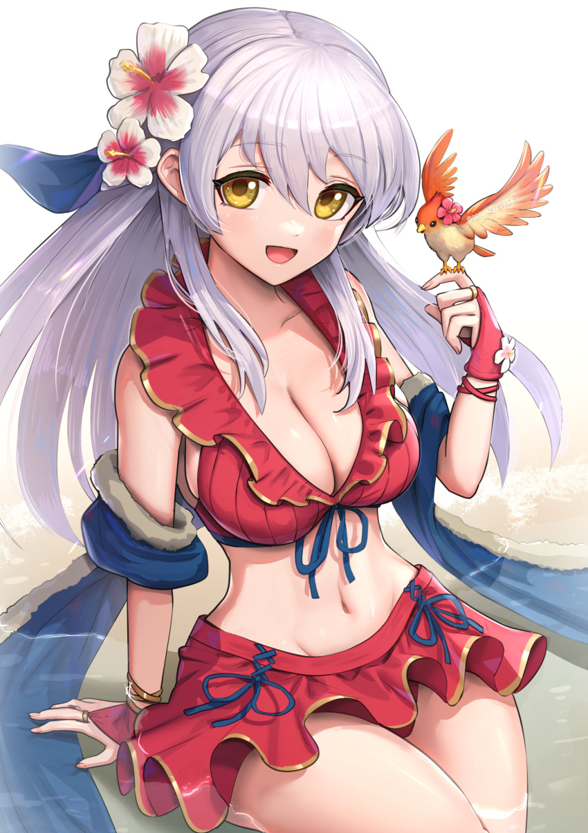 1girls absurdres alternate_costume bare_thighs bikini bird bird_on_hand blue_ribbon breasts bridal_gauntlets cleavage female female female_only fire_emblem fire_emblem:_radiant_dawn fire_emblem_heroes flower frilled_bikini frills gloves gonzarez hair_flower hair_ornament hair_ribbon highres large_breasts long_hair looking_at_viewer medium_breasts micaiah_(fire_emblem) micaiah_(summer)_(fire_emblem) navel nintendo official_alternate_costume partially_submerged red_bikini red_gloves red_swimsuit ribbon sitting smile solo swimsuit thighs white_background yellow_eyes yune_(fire_emblem)