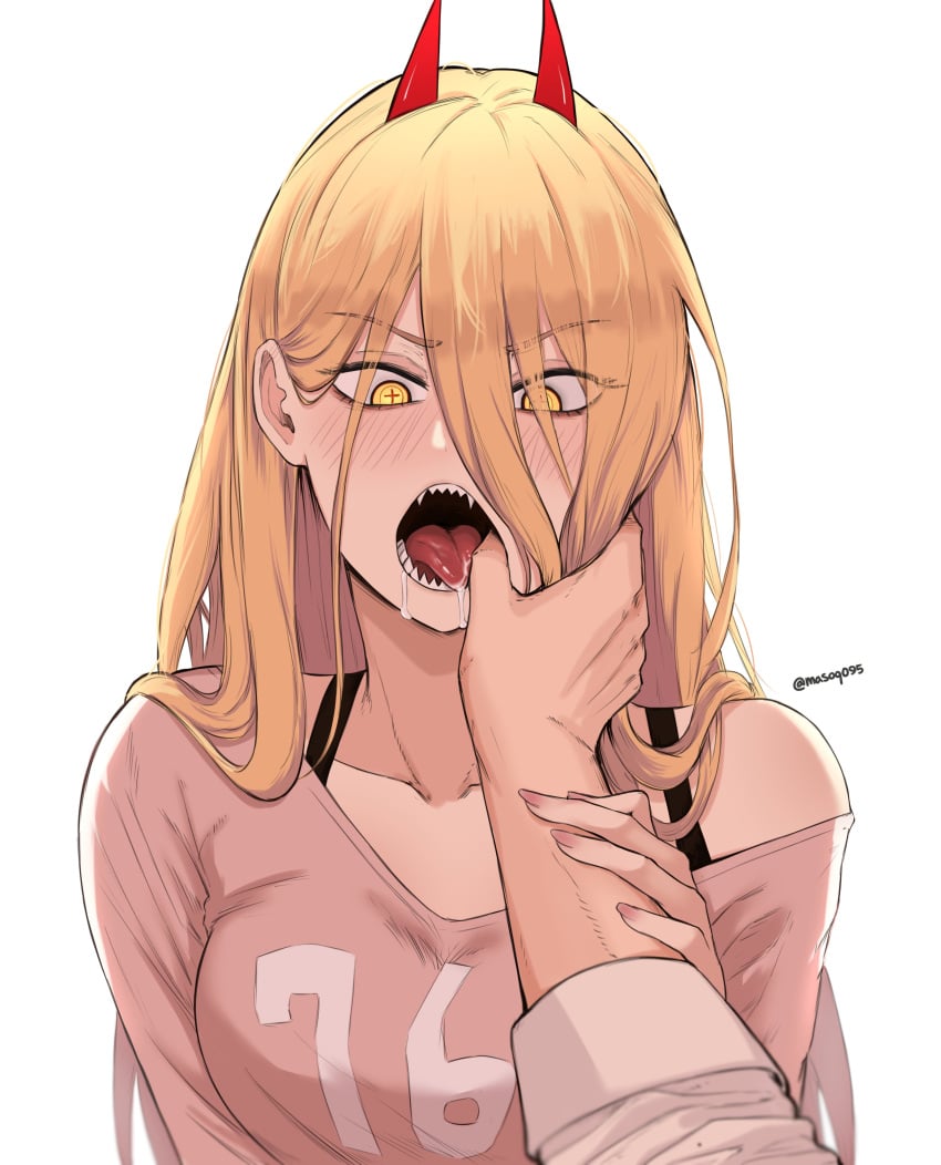 arm_grab blonde_hair blush chainsaw_man denji_(chainsaw_man) drooling eyes_visible_through_hair finger_in_mouth masoq095 pink_shirt power_(chainsaw_man) red_horns sharp_teeth tongue white_background yellow_eyes