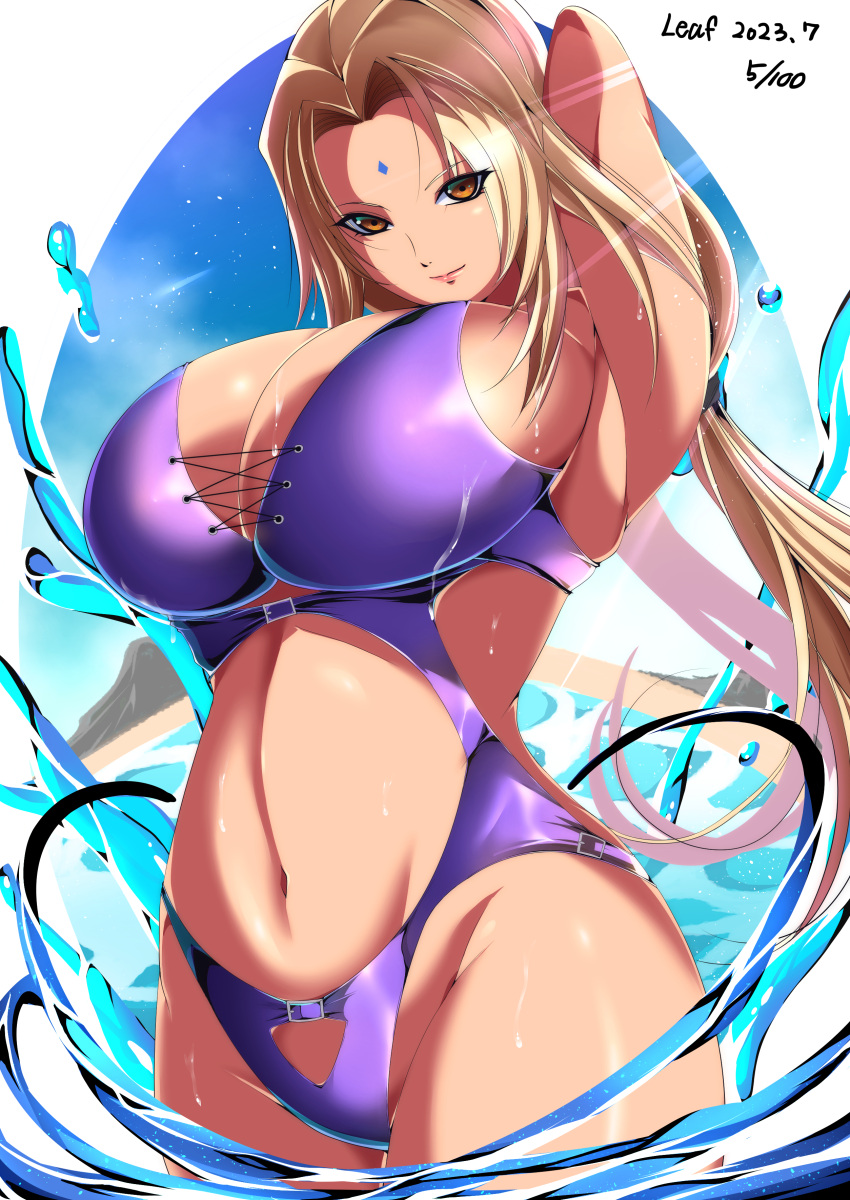 1girls 2023 arm_behind_head arm_up big_breasts blonde_hair breasts breasts_bigger_than_head brown_eyes cleavage commentary curvaceous dated facial_mark female female_only forehead_mark gilf hi_res hourglass_figure huge_breasts jpeg leaf_(yurugamer39) lipstick looking_at_viewer makeup mature mature_female mature_woman midriff milf naruto naruto_(series) naruto_shippuden one-piece_swimsuit one_arm_up oppai pinup purple_swimsuit revealing_swimsuit smile solo solo_focus swimsuit text thick_thighs tied_hair top_heavy top_heavy_breasts tsunade twintails upper_body very_long_hair voluptuous water water_splash watermark wet wet_skin