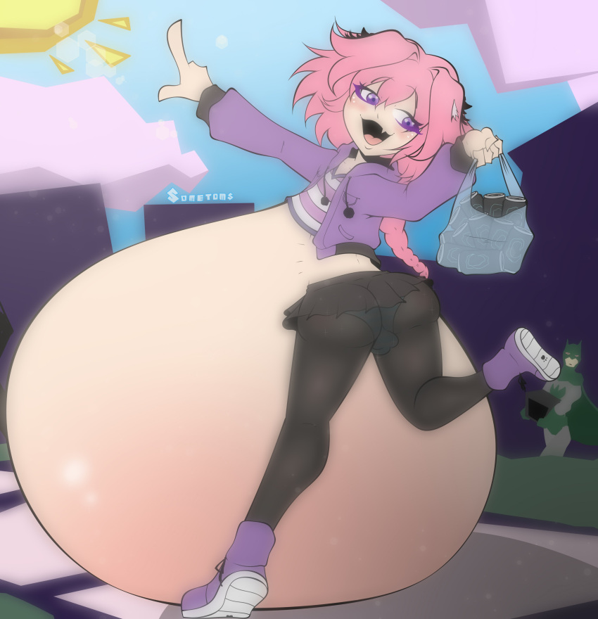 ass astolfo_(fate) bag balls belly belly_blob big_belly bulge clothed fat fate_(series) femboy full_belly girly male overweight panties penis pink_hair skirt sometoms somisomi tagme tights upskirt