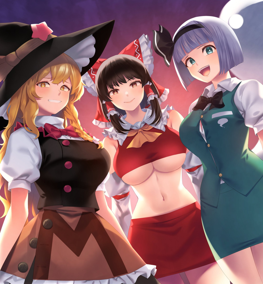 3girls armpits ascot back_bow black_bow black_bowtie black_headwear black_skirt black_vest blonde_hair blush bob_cut bow bowtie braid breasts brown_eyes brown_hair buttons collared_shirt detached_sleeves frilled_bow frilled_hair_tubes frilled_shirt_collar frilled_skirt frills green_eyes green_skirt green_vest hair_bow hair_tubes hakurei_reimu hat hat_bow highres hitodama_print kirisame_marisa konpaku_youmu large_breasts long_hair marisa_kirisame midriff miniskirt multiple_girls puffy_short_sleeves puffy_sleeves red_bow red_bowtie red_shirt red_skirt reimu_hakurei ribbon-trimmed_sleeves ribbon_trim shirt short_hair short_sleeves sidelocks single_braid skirt skirt_set sleeveless sleeveless_shirt smile star_(symbol) tarmo touhou turtleneck underboob undersized_clothes vest white_bow white_hair white_shirt white_sleeves wide_sleeves witch_hat yellow_ascot yellow_eyes youmu_konpaku