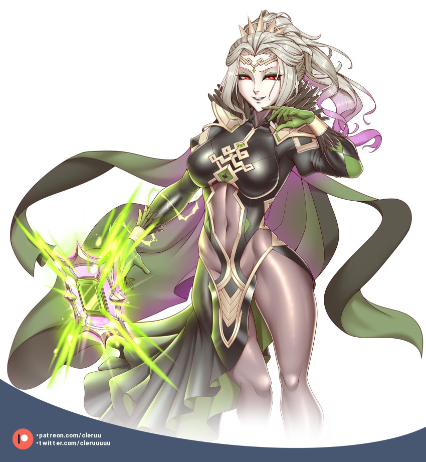 1girls bodystocking breasts cape cleru_(cleruuuuu) eyeshadow female female female_only fire_emblem fire_emblem_heroes gloves green_eyeshadow grey_hair grey_lips highres large_breasts letizia_(fire_emblem) long_hair looking_at_viewer magic makeup nintendo ponytail red_eyes smile solo