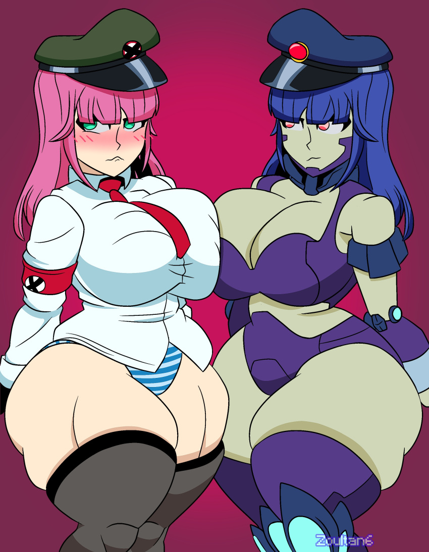 2023 2girls abigail_(metal_slug) alien alien_girl aqua_eyes areola areolae armor big_ass big_breasts big_butt black_boots black_gloves black_socks blue_hair blue_panties blue_thong blush boots bracelet breasts_to_breasts bubble_ass bubble_butt clone_abby_(metal_slug) dat_ass female female_focus female_only green_body green_skin hair happy happy_female hi_res high_resolution highres huge_ass huge_breasts long_hair looking_at_another looking_pleasured metal_slug metal_slug_attack military military_hat military_uniform multiple_girls no_skirt pink_background pink_hair purple_areolae purple_thighhighs red_eyes robot robot_girl simple_background snk striped_panties thick thick_ass thick_thighs thighhighs thighs thong wide_hips zoultan