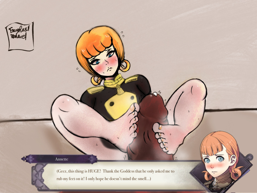 1boy 1girls annette_fantine_dominic bare_legs barefoot english_text female female_focus fire_emblem fire_emblem:_three_houses foot_fetish footjob garreg_mach_monastery_uniform jyo legs male male_pov nintendo pov smelly_feet solo_focus story_at_source text