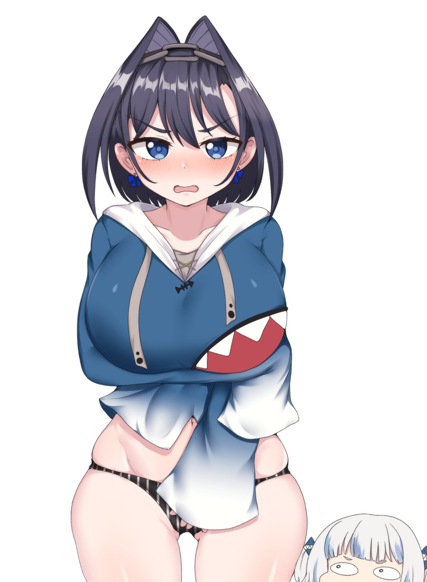 2girls absurdres arm_under_breasts black_hair blue_eyes blue_hoodie blush breast_hold breasts cosplay earrings gawr_gura gawr_gura_(cosplay) gluteal_fold hair_intakes highres hollyeung hololive hololive_english hololive_english_-council- hololive_english_-promise- hololive_myth hood hoodie huge_breasts jewelry multiple_girls navel ouro_kronii panties skindentation sleeves_past_fingers sleeves_past_wrists striped striped_panties undersized_clothes underwear virtual_youtuber white_background white_hair