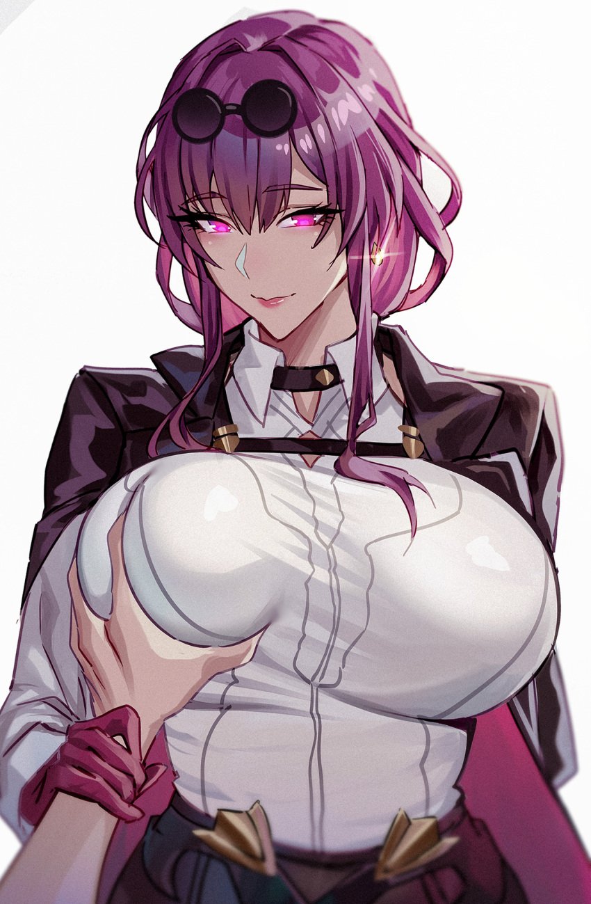 1boy black_jacket breasts celyn404 eyewear_on_head faceless_male female gloves grabbing grabbing_another's_breast guided_breast_grab guiding_hand high-waist_shorts highres honkai:_star_rail honkai_(series) jacket kafka_(honkai:_star_rail) large_breasts long_jacket looking_at_viewer purple_eyes purple_gloves purple_hair round_eyewear shirt shorts solo_focus standing straight sunglasses upper_body uyzoc white_background white_shirt