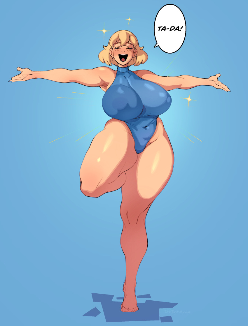 1girls blonde_hair blush bo_(itsjustnormie) breasts closed_eyes clothed hips huge_breasts itsjustnormie large_areolae large_breasts medium_hair milf nipples open_mouth presenting simple_background speech_bubble swimsuit thick_thighs thighs tummy