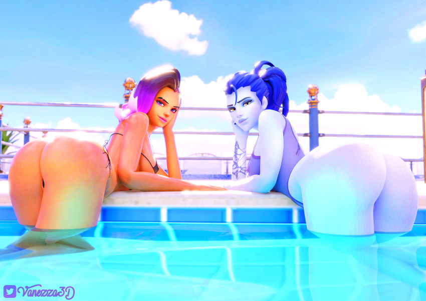 2girls amelie_lacroix ass ass_focus bikini multiple_girls overwatch overwatch_2 pool sombra sunny vanezza widowmaker