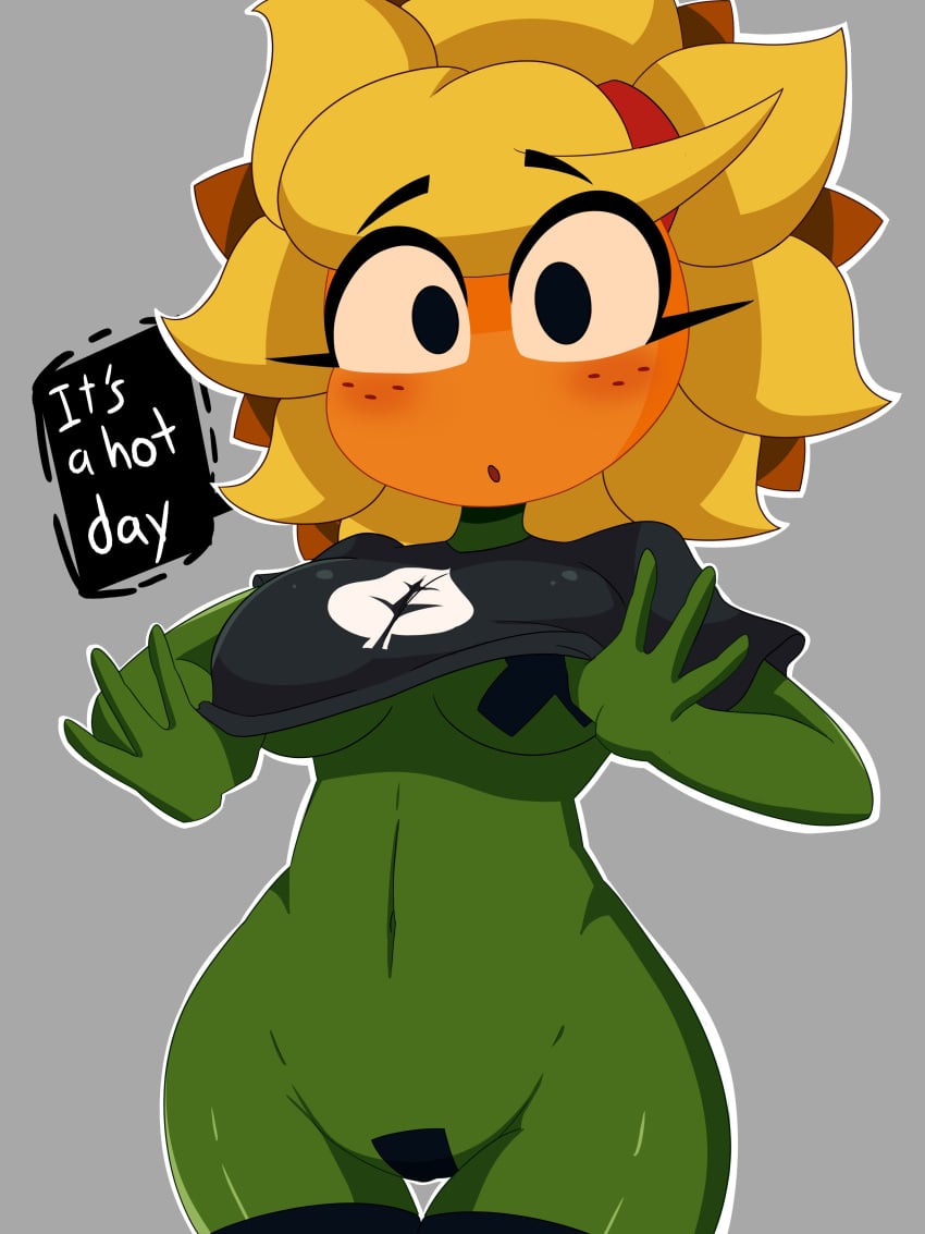 bottomless breasts clothing eyebrows_visible_through_hair nipple_tape plant_girl plantie plants_vs_zombies plants_vs_zombies:_heroes pussy_tape r_bismut rbismut shirt_up solar_flare_(pvz) sunflower_(pvz) tagme taped_nipples taped_pussy