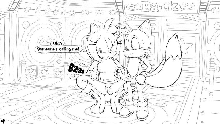 absurd_res amy_rose bodily_fluids bottomless clothed clothing comic erection excito exposed_torso female footwear genital_fluids genitals handjob handwear hi_res male netorare ntr partially_clothed penile penis pussy pussy_juice sega sex sonic_(series) sonic_the_hedgehog_(series) speech_bubble sweat sweatdrop tails text twinkle_park