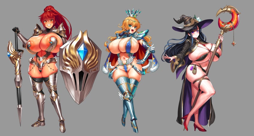 3girls absurdres armor black_hair black_robe blonde_hair bottle braid breasts crown gauntlets gem green_eyes hat high_heels highres holding holding_shield holding_staff huge_breasts leg_armor long_hair multiple_girls nail_polish obui orange_eyes original purple_eyes red_footwear red_gemstone red_hair robe shield shoulder_armor staff thighhighs witch_hat