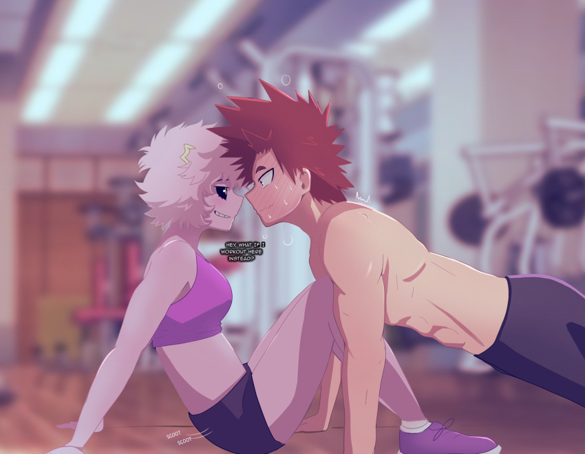 1boy 1girls abs ashido_mina assertive_female black_sclera blush cri_chan eijirou_kirishima english_text eye_contact face-to-face female flirting gym heavy_blush kirishima_eijirou looking_at_partner male mina_ashido muscles my_hero_academia personal_space_invasion pink_hair pink_skin push-up red_hair shirtless smirk spiky_hair sportswear text training