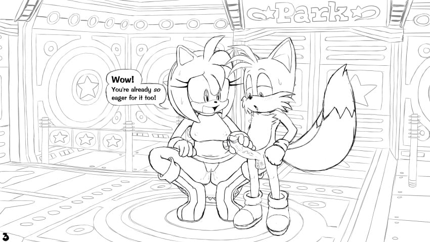 absurd_res amy_rose bodily_fluids bottomless clothed clothing comic erection excito exposed_torso female footwear genital_fluids genitals handjob handwear hi_res male male/female netorare ntr partially_clothed penile penis pussy pussy_juice sega sex sonic_(series) sonic_the_hedgehog_(series) speech_bubble sweat sweatdrop tails text twinkle_park