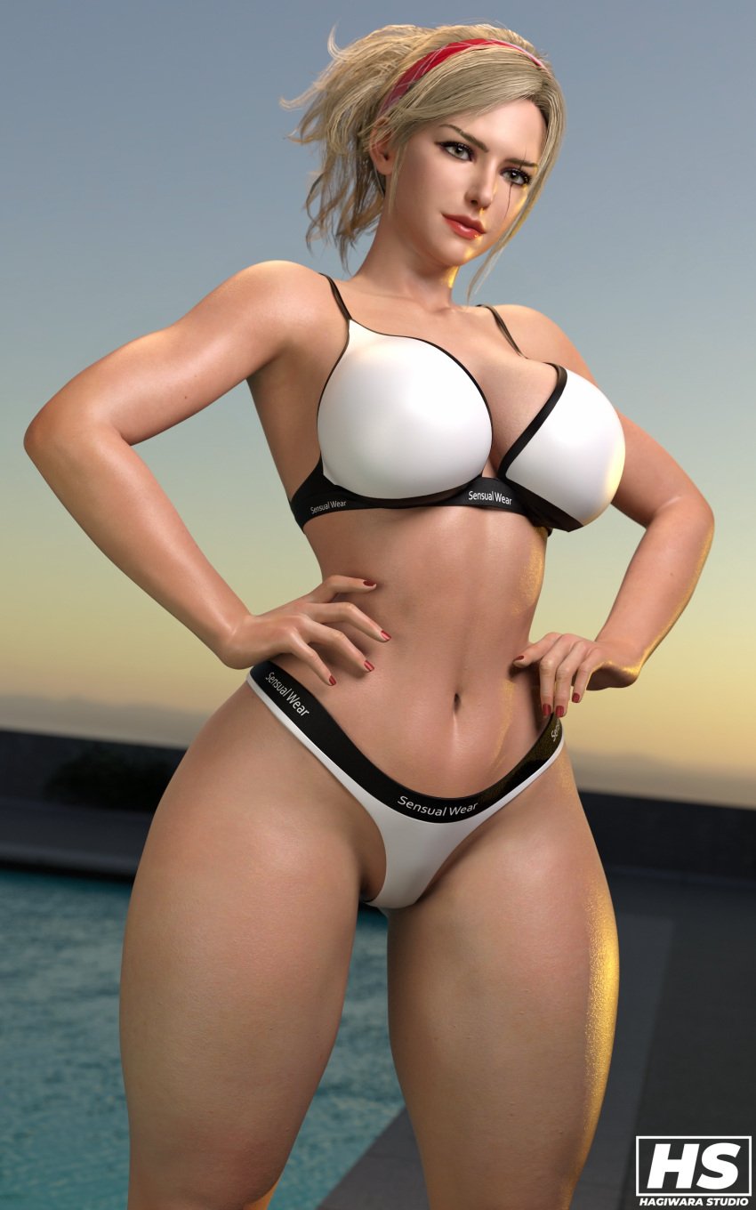 1girls 3d ass big_ass big_breasts bikini blonde_hair breasts female female_only hagiwara_studio headband hi_res high_resolution highres lidia_sobieska namco ponytail prime_minister solo sports_bra sportswear swimming_pool swimsuit tagme tekken tekken_7 thick_thighs