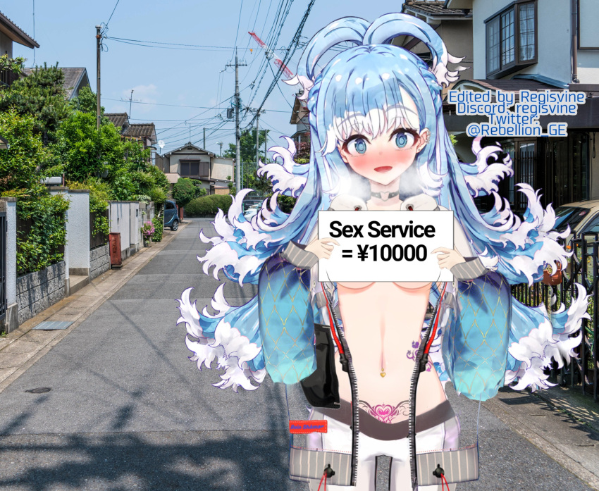 1girls accurate_art_style blush breasts discord_username edit english_text exhibitionism eyebrows_visible_through_hair hololive hololive_indonesia hololive_indonesia_holoh3ro kobo_kanaeru light_blue_eyes light_blue_hair long_hair nipple_piercing open_jacket prostitution regisvine2078 tattoo text virtual_youtuber visible_breath