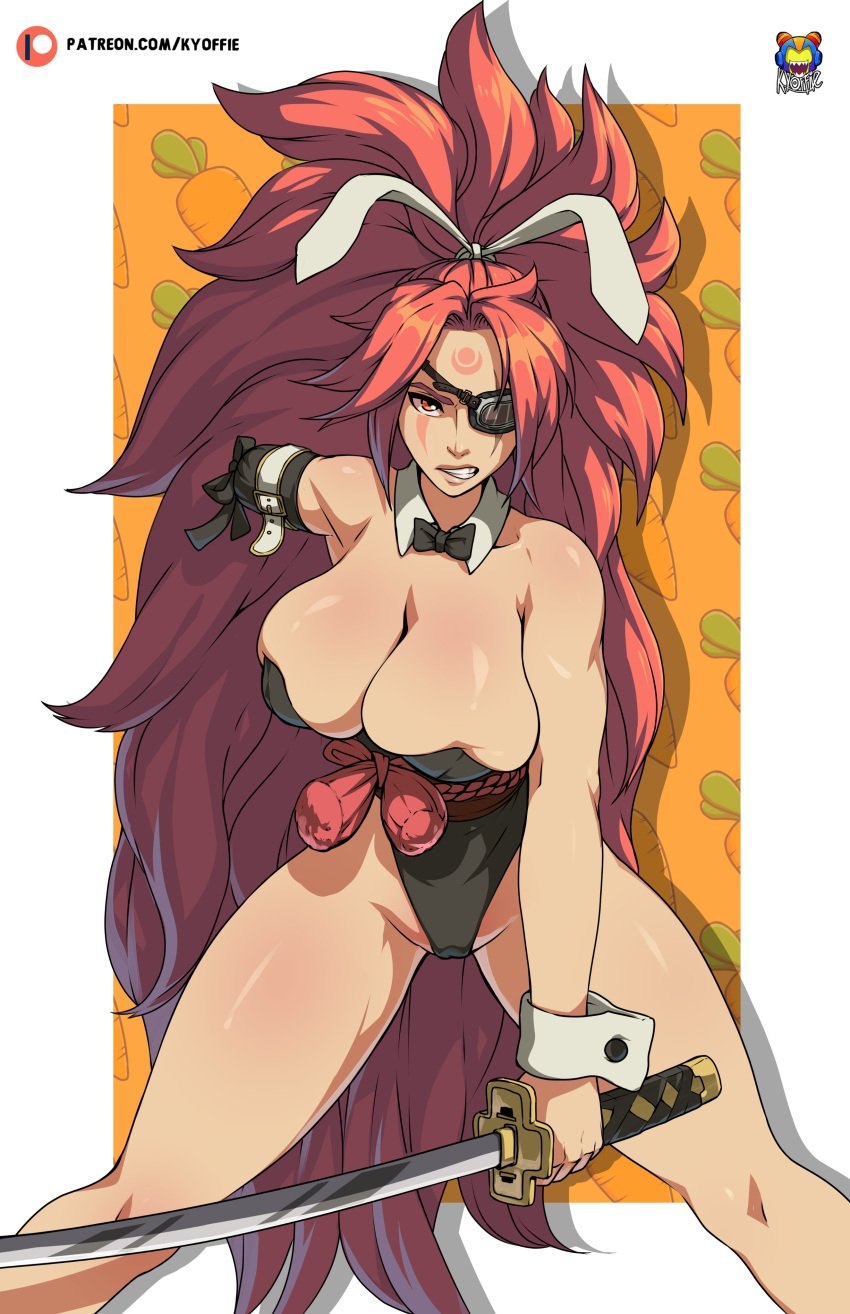 2023 angry angry_face asian asian_female baiken big_breasts bunny_ears bunnysuit eyepatch female guilty_gear guilty_gear_strive katana kyoffie one-armed pale-skinned_female pale_skin patreon red_hair tagme tattoo thick_thighs watermark