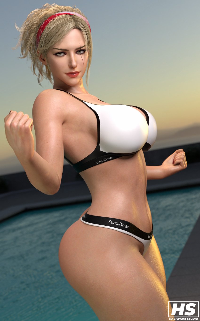 1girls 3d ass big_ass big_breasts bikini blonde_hair breasts female female_only hagiwara_studio headband hi_res high_resolution highres lidia_sobieska namco ponytail prime_minister solo sports_bra sportswear swimming_pool swimsuit tagme tekken tekken_7 thick_thighs