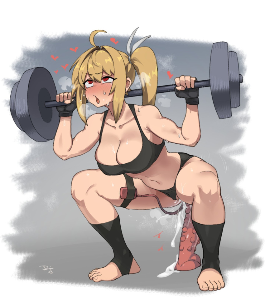 ahoge barbell black_gloves black_panties black_sports_bra blonde_hair blush breasts cleavage clothing_aside collarbone difman difmanm dildo exercise feet female female_ejaculation female_masturbation fingerless_gloves full_body gloves hair_between_eyes heart highres large_breasts long_hair masturbation navel nipples original panties panties_aside red_eyes rolling_eyes sex_toy side_ponytail sidelocks solo sports_bra squatting squatting_on_dildo stirrup_legwear sweat thigh_strap toeless_legwear underwear vibrator vibrator_in_thigh_strap weightlifting