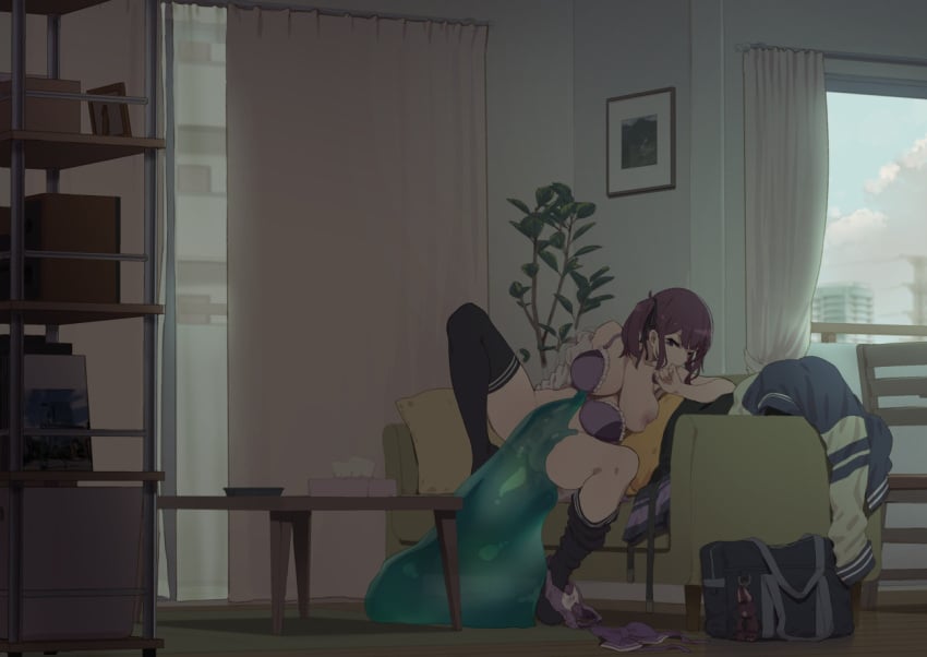 1other black_thighhighs blush bottomless bra breasts cevio couch creature curtains female hair_ribbon half-closed_eyes hand_to_own_mouth indoors large_breasts long_hair monster natsuki_karin no_pants on_couch one_breast_out open_bra open_clothes open_shirt panties panties_around_one_leg plant purple_bra purple_panties red_eyes red_hair restrained ribbon shirt sitting slime_(creature) slime_(substance) slime_monster spread_legs synthesizer_v table takemura_sessyu thighhighs twintails underwear white_shirt window zoophilia