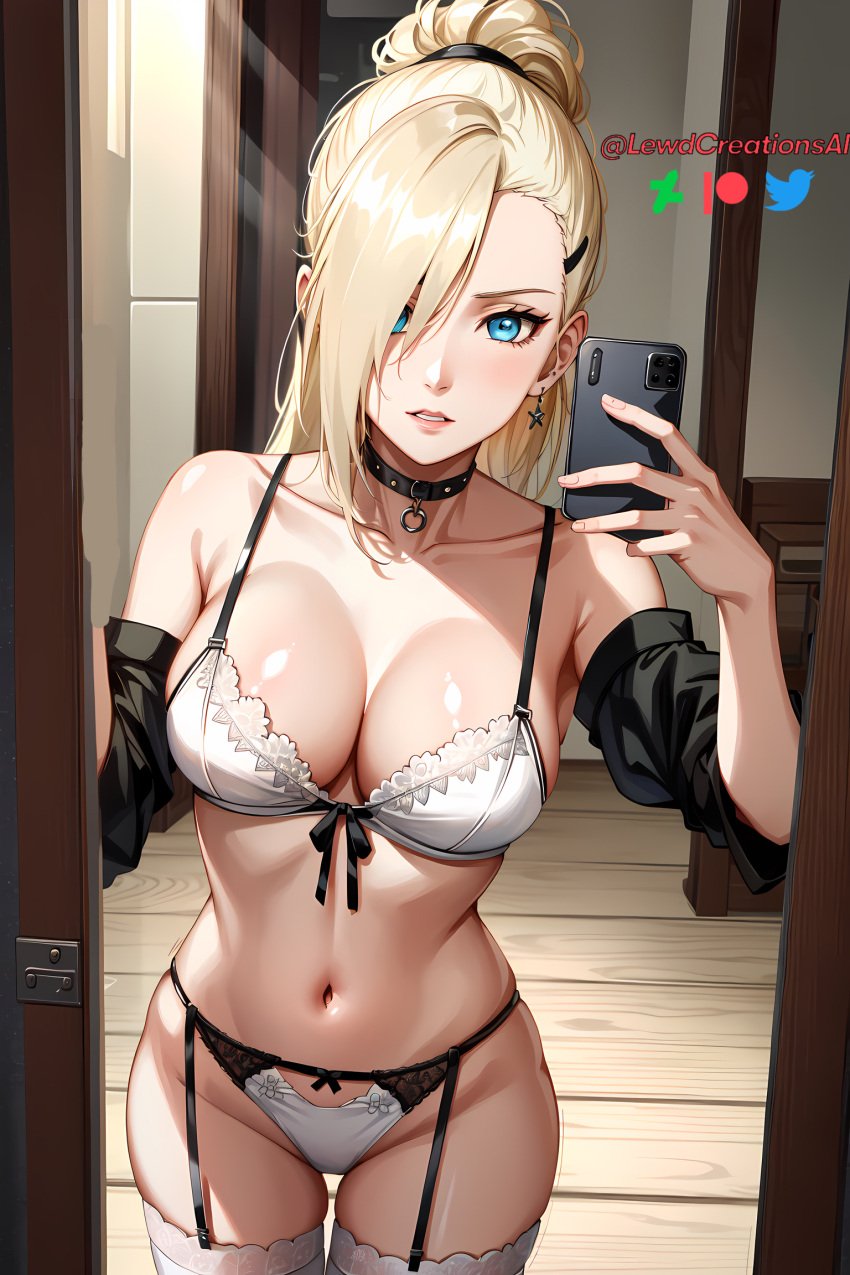 ai_generated blonde_female blonde_hair breasts camera cleavage fingers garter_straps ino_yamanaka jordan53 lewdcreationsai lingerie looking_at_viewer mirror mirror_selfie mobile_phone naruto naruto_(series) selfie stockings yamanaka_ino