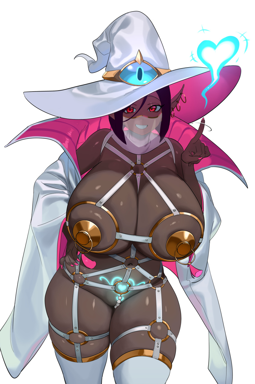 1girls absurdres between_breasts big_breasts black_hair blue_fire borrowed_character breasts cleavage coat commission commissioner_upload cowboy_shot curvy dark dark-skinned_female dark_elf dark_skin ear_piercing earrings elf female female_only fire glowing_tattoo hand_up harness hat highres huge_breasts index_finger_raised jewelry living_clothes looking_at_viewer nail_polish nia_(nia4294) nipple_plugs non-web_source original parted_lips pasties piercing plump pointy_ears pubic_tattoo purple_hair red_eyes revealing_clothes shadow short_hair simple_background skindentation smile solo tattoo thick_thighs thighhighs thighs thraike_dubois_(zahylon) white_background white_coat white_headwear white_thighhighs witch witch_hat zahylon