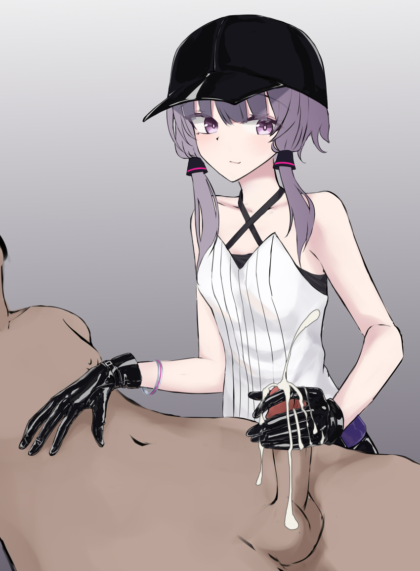 1boy 1girls black_gloves cap clothed_female_nude_male cum dark-skinned_male dark_skin ejaculation eyebrows_visible_through_hair gloved_handjob gloves handjob hat light-skinned_female light_skin looking_at_penis onakinkamesan purple_eyes purple_hair smile voiceroid yuzuki_yukari