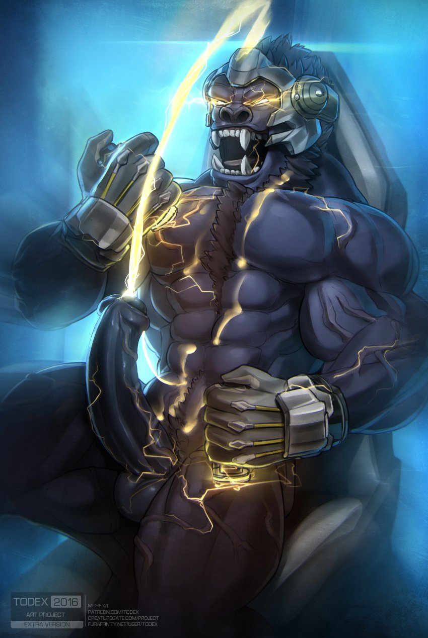 anthro bara barazoku black_fur boner cum electricity erection furry glowing_cum gorilla lightning_cum male male_only muscles muscular nude orgasm overwatch solo solo_male todex winston_(overwatch)