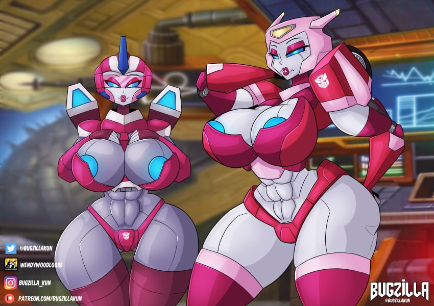 2girls abs arcee arcee_(g1) areola_slip areolae areolae_slip artist_name autobot autobot_insignia big_breasts blue_nipples bugzilla curvaceous curvy curvy_female curvy_figure cybertronian elita_one female female_autobots female_only giant_breasts hourglass_figure huge_breasts multiple_girls revealing_armor revealing_clothes robot robot_girl slim_waist thick_thighs transformers voluptuous voluptuous_female wide_hips