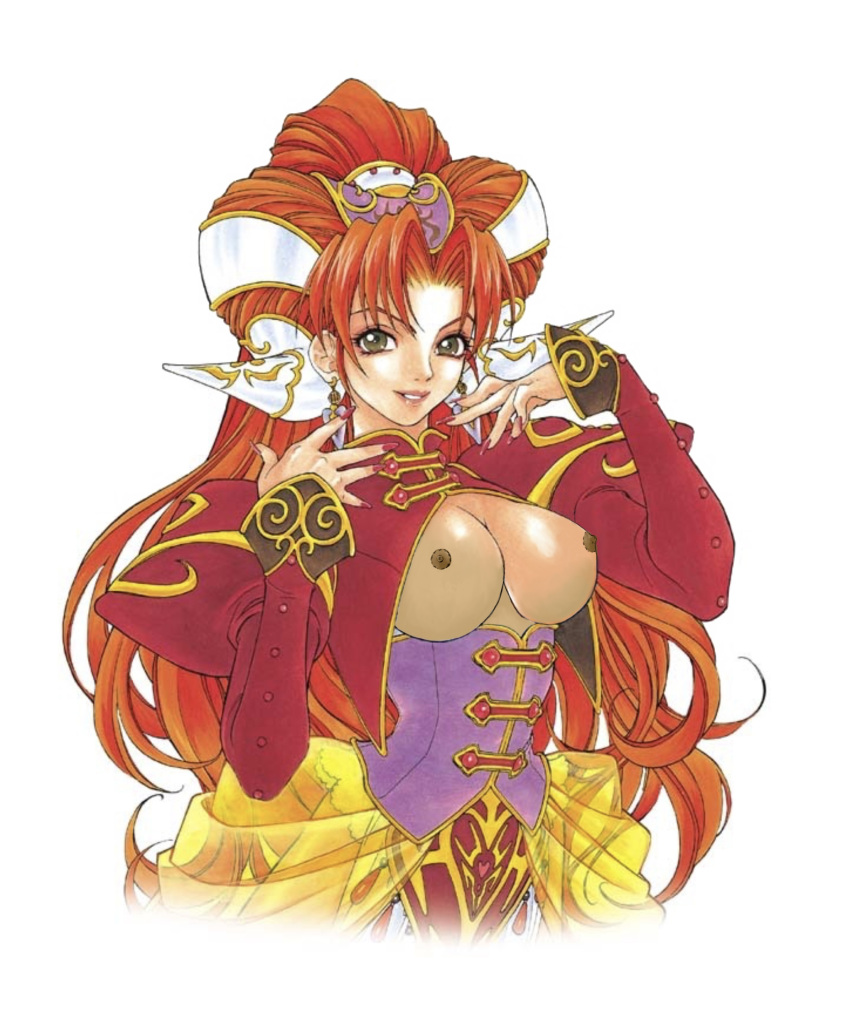 1girls big_breasts breasts breasts_out brown_hair corset dress grandia grandia_ii hair_ornament horns jewelry long_hair looking_at_viewer lowres millenia nail_polish nude_filter red_hair red_jacket red_lipstick solo topless yellow_skirt