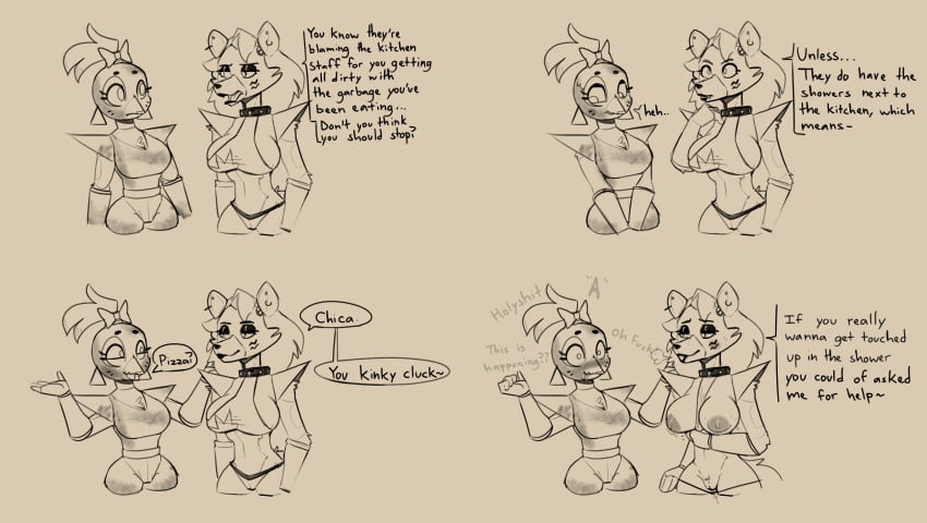 2d 2d_(artwork) 2d_artwork 2girls animatronic breasts comic english_text five_nights_at_freddy's five_nights_at_freddy's:_security_breach flirting fnaf glamrock_chica_(fnaf) imminent_sex multiple_girls roxanne_wolf_(fnaf) scottgames steel_wool_studios yuri zhenai