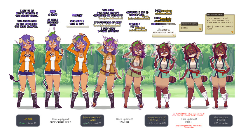 1girls bandage bandaged_leg big_breasts brain_drain breast_expansion breasts brown_hair clothed demon_girl english_text feet female forced_transformation furry hair_ornament horns identity_death kisekae mind_break mind_control morphoservus permanent_transformation personality_change purple_eyes purple_hair tail tanuki text thick_thighs transformation transformation_sequence yellow_eyes