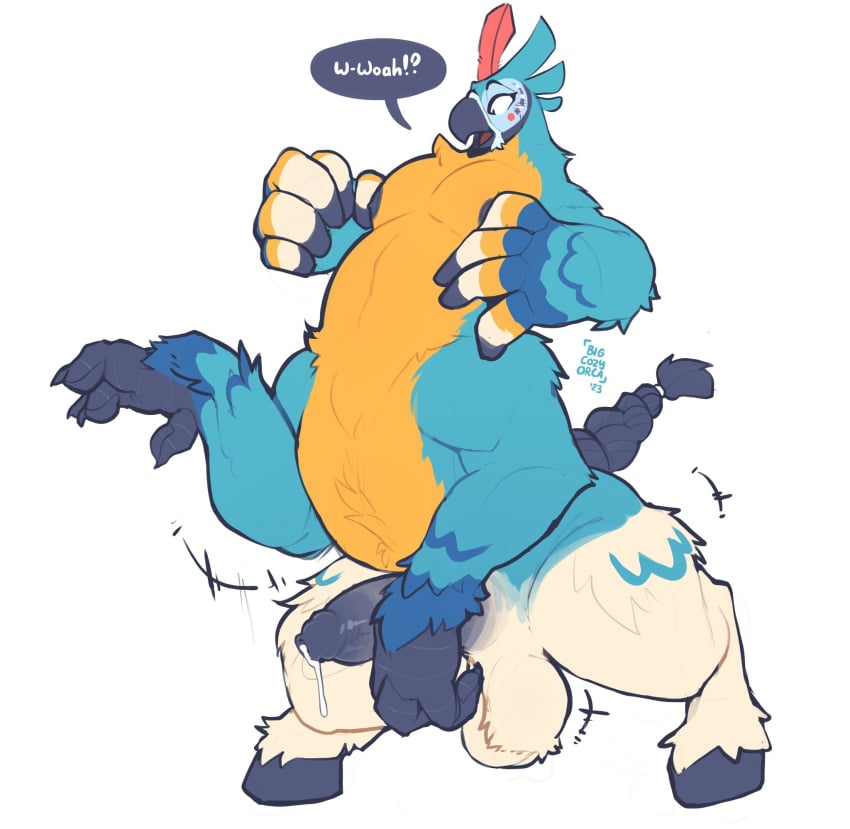 anthro avian avian_taur balls beak bigcozyorca bird bird_taur blue_body blue_feathers blue_fur bodily_fluids breath_of_the_wild feather_hands feathers foreskin fur genital_fluids genitals hi_res hooves humanoid_genitalia humanoid_penis implied_transformation kass_(tloz) male male_only nintendo nipples penis precum rito simple_background solo speech_bubble surprised_expression talons taur the_legend_of_zelda transformation white_background white_body white_feathers white_fur winged_arms wings yellow_body yellow_feathers yellow_fur