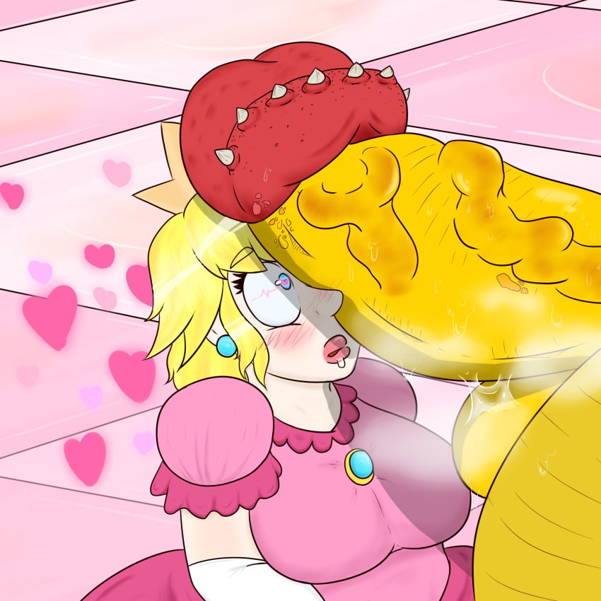 big_breasts big_penis blonde_female blonde_hair bowser drooling heart-shaped_pupils mario_(series) nintendo princess_peach sweat sweaty_balls undeadturnip veiny_penis