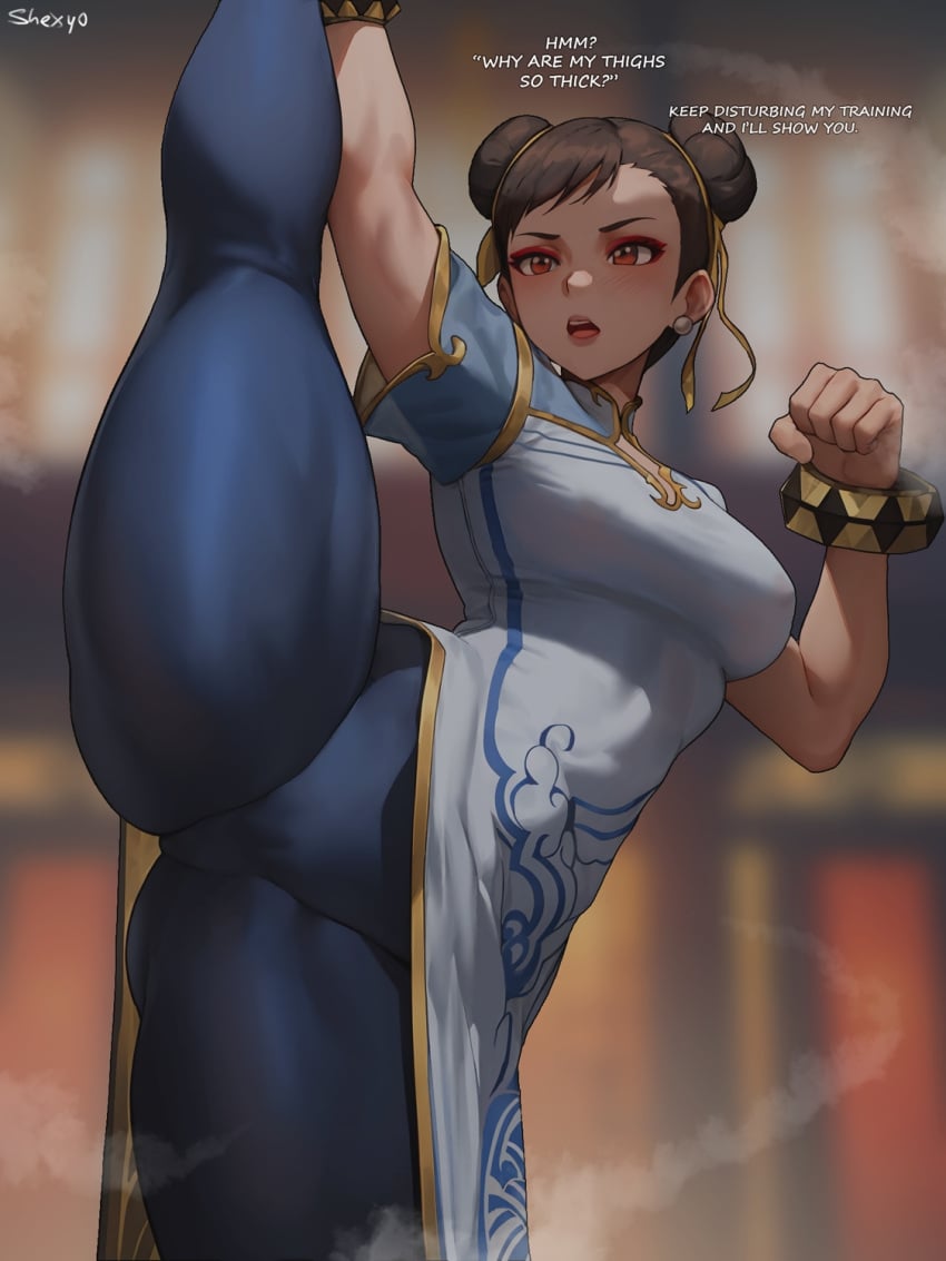 1female 1girls athletic_female big_breasts bracelets bragging breasts brown_hair capcom cheongsam chun-li english_text female female_only flexible fully_clothed mandarin_gown mature_female milf qipao shexyo solo standing_on_one_leg standing_split street_fighter street_fighter_6 thick_thighs tights twin_buns zansae