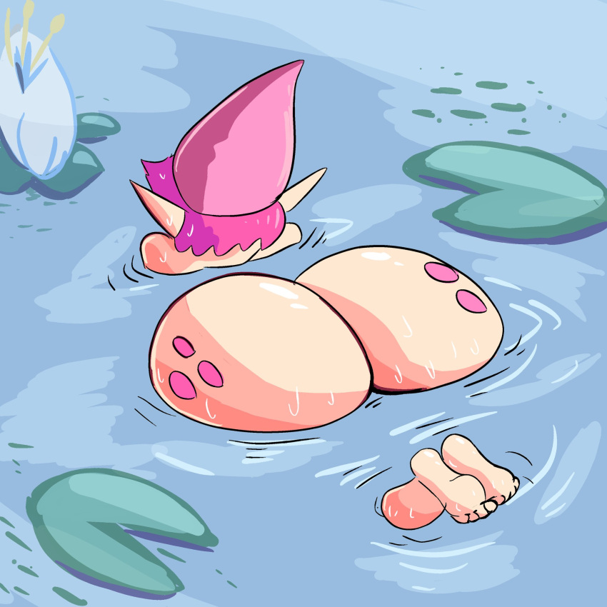 ass dumptruck_ass feet feet_together huge_ass invisibleitem lily_pad nude partially_submerged pink_hair pointed_ears shortstack solo water wet