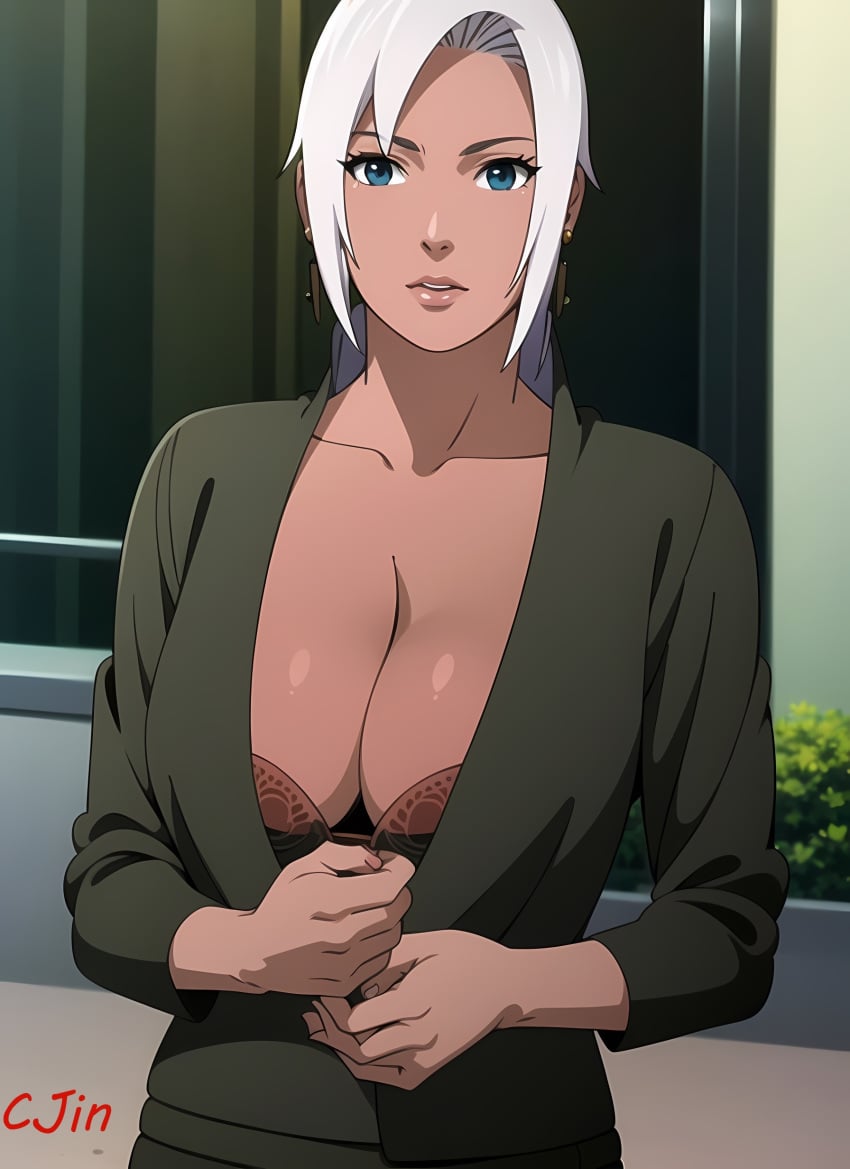 1girls ai_generated assistant big_breasts blue_eyes bra center_opening cjin cleavage collarbone curvaceous dark-skinned_female dark_skin dress earrings female female_only front_view huge_breasts jewelry kunoichi large_breasts looking_at_viewer mabui mature mature_female mommy nai_diffusion naruto naruto_(series) naruto_shippuden ninja oppai pink_lipstick pinup secretary silver_hair solo stable_diffusion teasing underwear undressing upper_body voluptuous