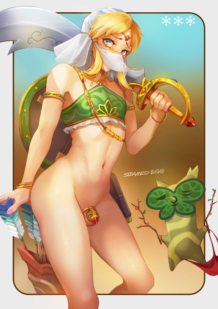 1boy arrow_(projectile) artist_name bare_shoulders blonde_hair blue_background blue_eyes blue_lips blurry blurry_background bottomless breasts breath_of_the_wild brown_background bulge chastity chastity_cage chastity_device crossdressing feet_out_of_frame femboy gerudo_link gerudo_set_(zelda) gradient_background highres holding korok link link_(breath_of_the_wild) looking_at_viewer looking_to_the_side male_focus medium_breasts midriff mouth_veil nail_polish navel no_panties otoko_no_ko parted_bangs pink_nails quiver scimitar shadow shield_on_back solo steamed_egg sword the_legend_of_zelda the_legend_of_zelda:_breath_of_the_wild thighs veil weapon white_sleeves