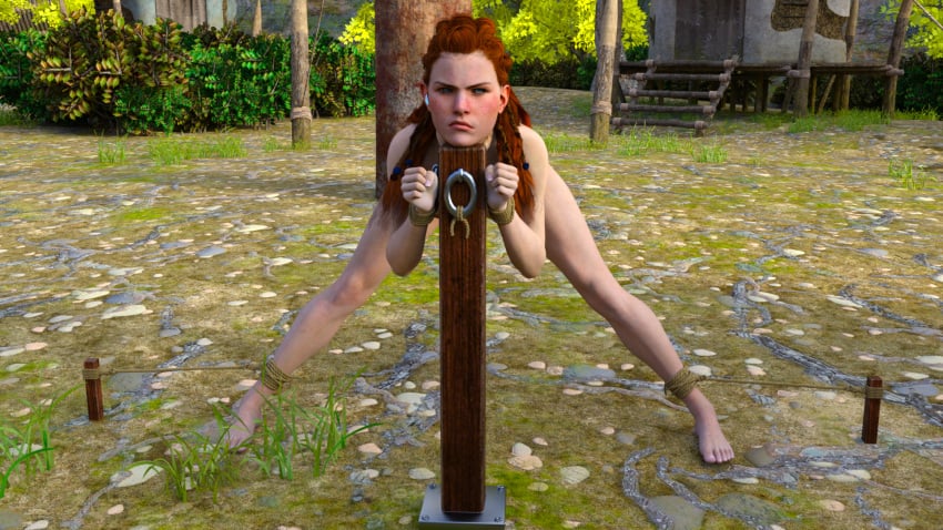 1girls 3d aloy bent_over bondage defaultusername female female_only horizon_zero_dawn legs_spread public public_bondage public_nudity red_hair solo tagme tied tied_to_pole tied_to_post tied_up