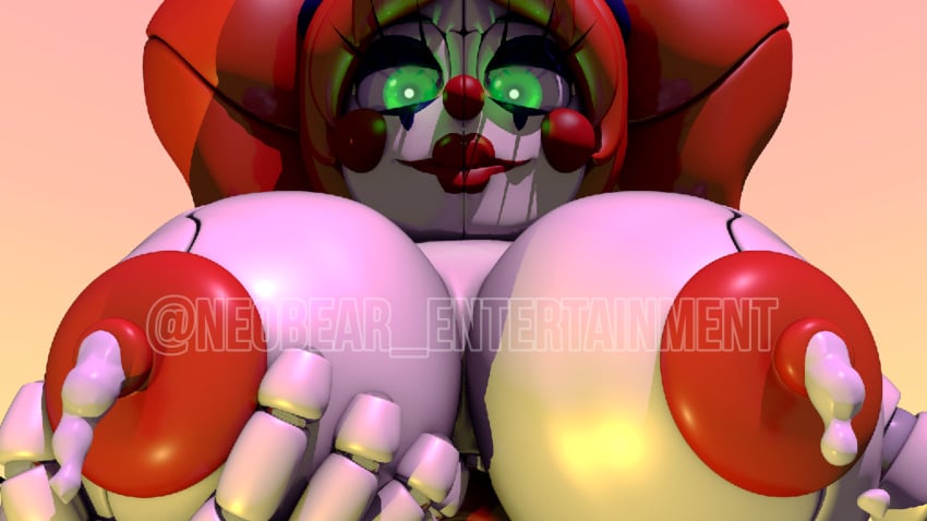 1girls 3d animatronic areolae baby_(fnafsl) big_breasts breast_grab breasts cinema4d circus_baby circus_baby_(cosmic_trance) circus_baby_(fnaf) clown cosmic_trance female_only five_nights_at_freddy's five_nights_at_freddy's:_sister_location green_eyes lactation looking_at_viewer neobear_entertainment neobear_entertainment_(artist) red_hair red_nipples robot robot_girl scottgames simple_background sister_location solo watching white_skin