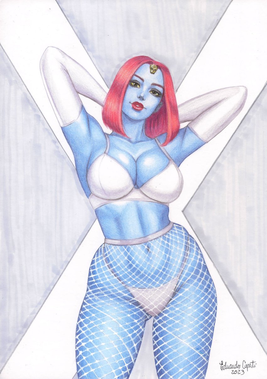 1girls 2023 blue_body curvaceous curvy_body curvy_figure ed_benes_studio eduardo_copati female fishnet_legwear fishnets hi_res huge_breasts lingerie long_hair looking_at_viewer marvel marvel_comics mystique raven_darkholme solo_female solo_focus x-men