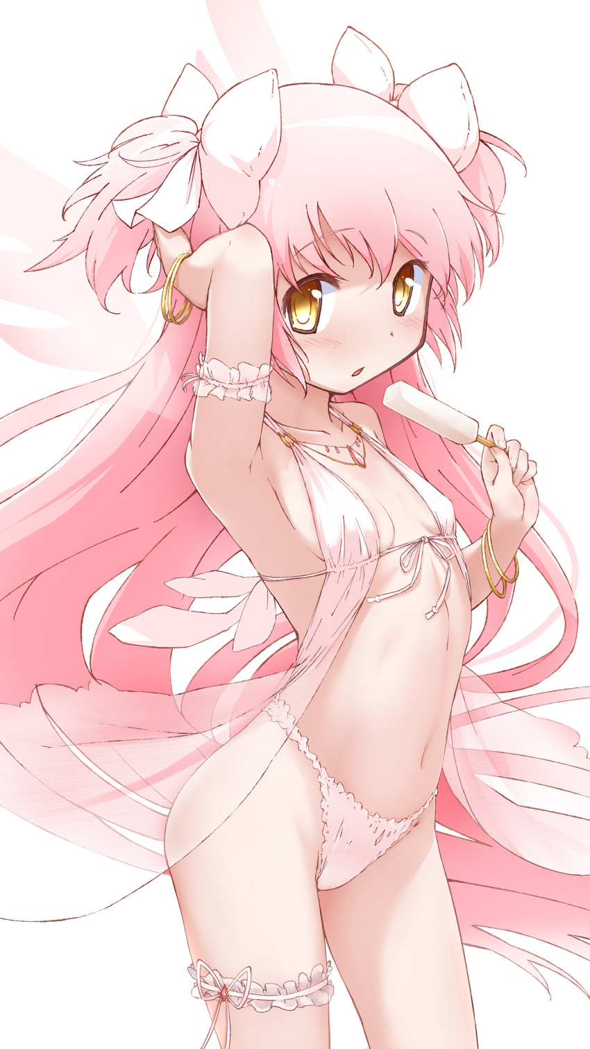 abutomato blush_lines bracelet bracelets female female_focus female_only goddess ice_cream leg_band light-skinned_female light_skin lingerie lingerie_only long_hair looking_at_viewer madoka_kaname magical_girl mahou_shoujo_madoka_magica open_mouth pink_hair popsicle puella_magi_madoka_magica slim_girl slim_waist small_breasts solo solo_female solo_focus thong twintails ultimate_madoka very_long_hair white_background white_ribbon yellow_eyes