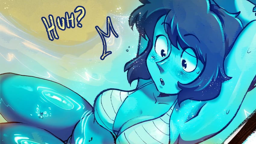 1girls big_breasts bikini blue_bikini blue_eyes blue_hair blue_skin blue_skinned_female blush breasts cartoon_network gem_(species) giantess height_difference lapis_lazuli_(gem) lapis_lazuli_(steven_universe) noticed onkinky size_difference steven_universe suprised suprised_look swimsuit thighs water western_cartoon