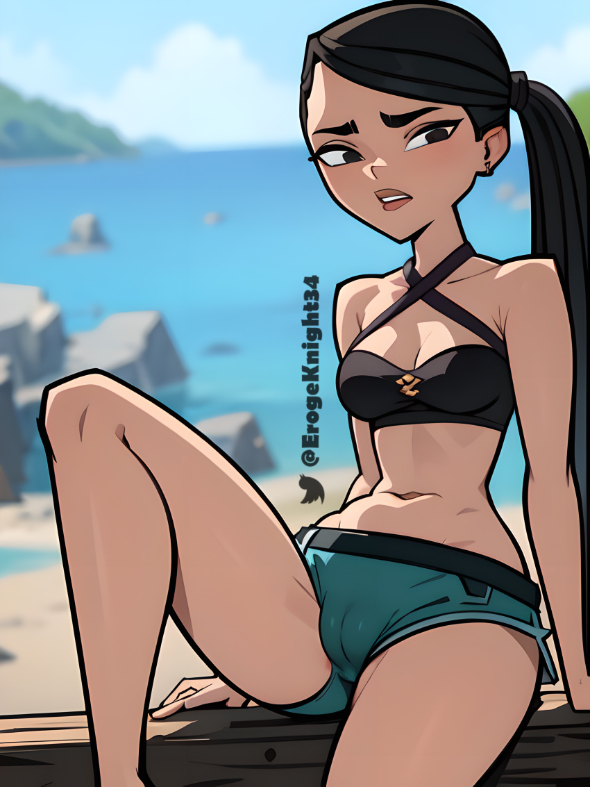 ai_generated beach black_eyes black_hair cameltoe cartoon_network crop_top ear_piercing erogeknight female female_focus female_only heather_(tdi) long_hair ponytail short_shorts shorts sitting skinny solo solo_female solo_focus stable_diffusion total_drama_island