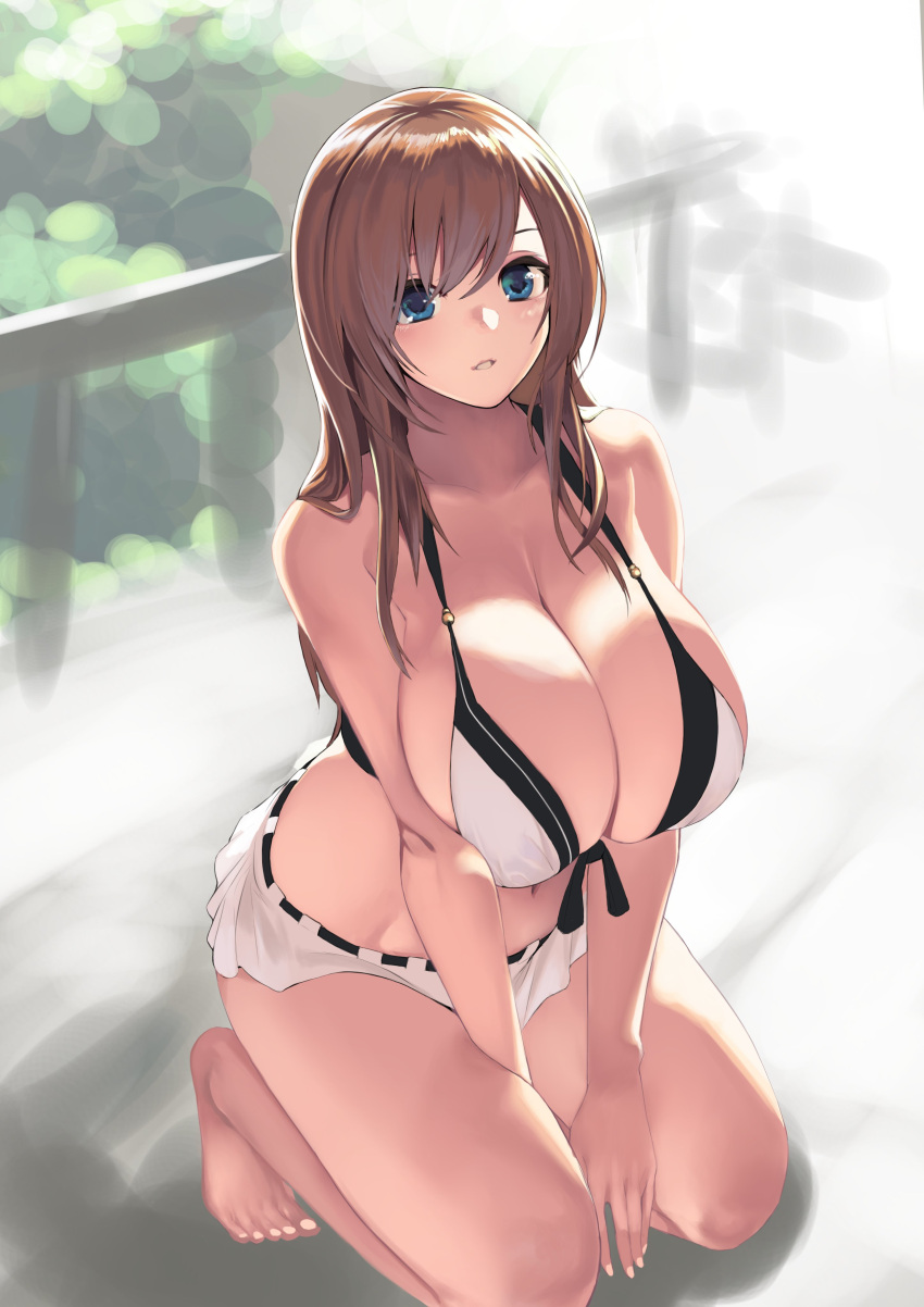 1girls big_breasts bikini blue_eyes breast_press breast_squish breasts brown_hair cleavage female female_only gen_(black_factory) kneeling light-skinned_female light_skin on_knees short_hair skirt solo